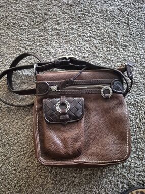 Brighton Brown Leather Crossbody with Woven Flap and Silver Ring Accents